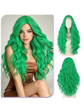 Women's Dark Green Long Wavy Wig for 28 Inch Middle Part Heat Resistant